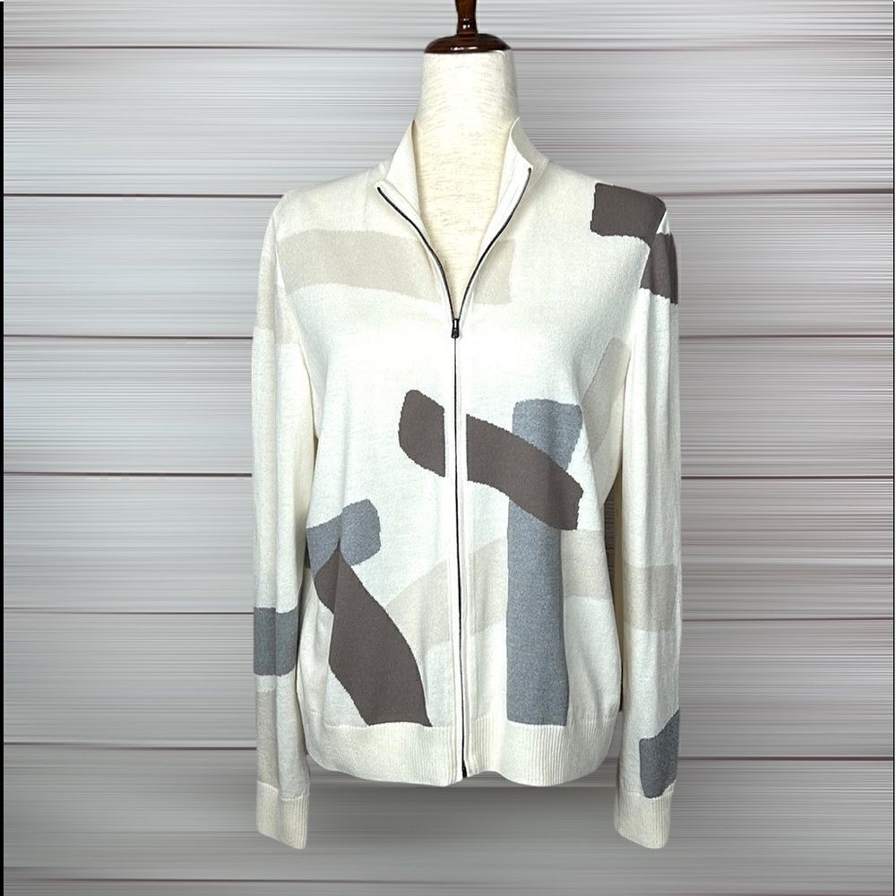 NWT ST. JOHN Lightweight Cardigan Sweater Wool Blend Full Zip Geometric Print M